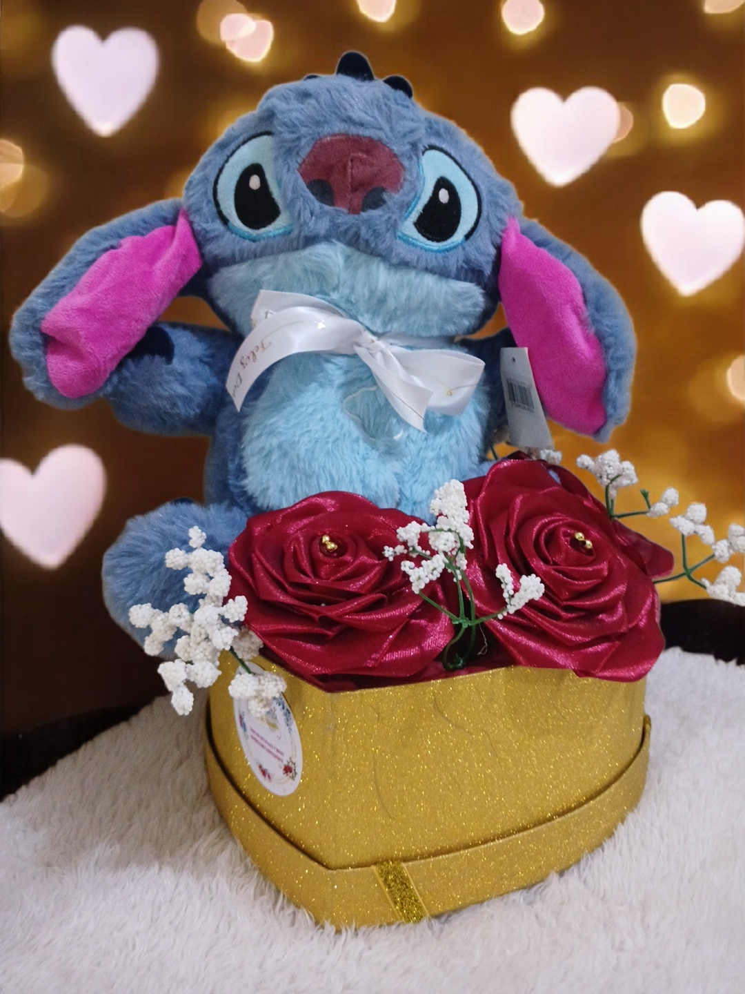 Detalle para dama con peluche Stitch que respira más 3 rosas eternas