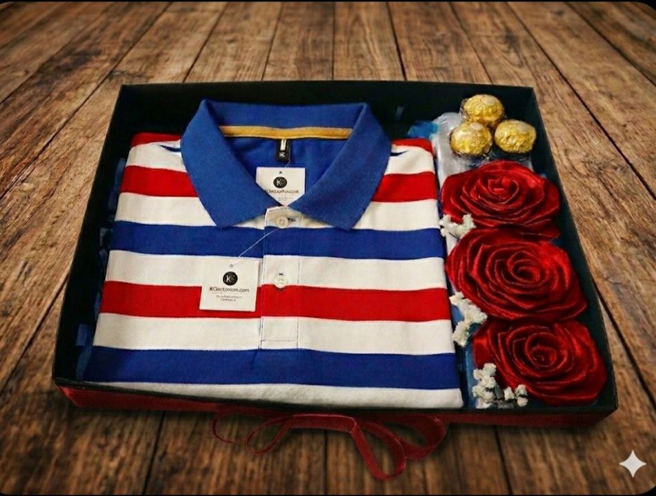 Detalle para caballero, con camisa, 3 rosas eternas y 3 chocolates Ferrero