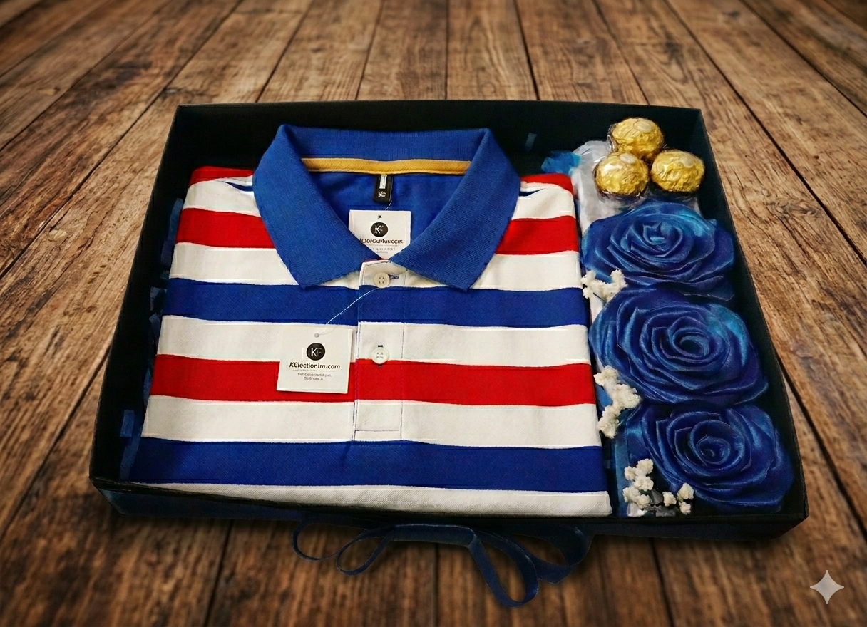 Detalle para caballero, con camisa, 3 rosas eternas y 3 chocolates Ferrero