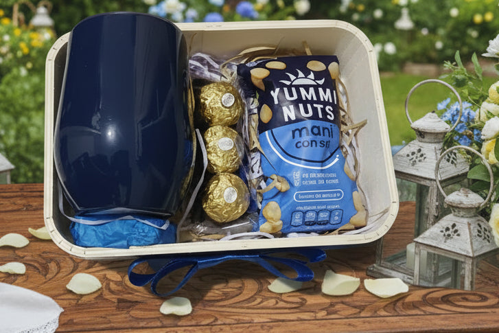Detalle Para caballero con un vaso pequeño metálico, con 3 chocolates Ferrero y 1 maní. B